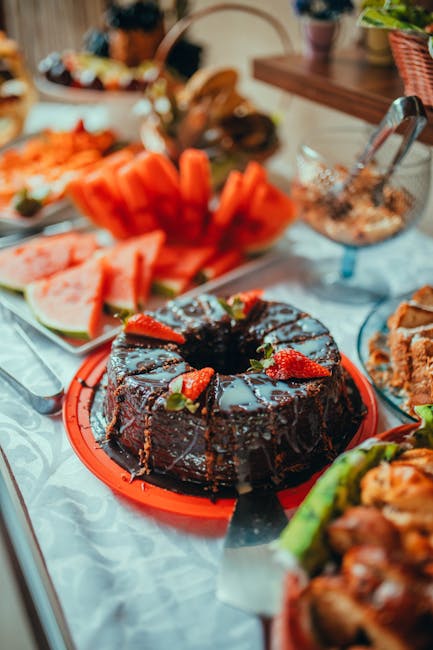 Food Aesthetics - Delicious chocolate cake with strawberries surro #13871281