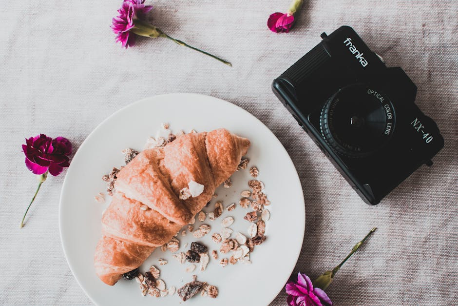 Food Aesthetics - Flat lay of a delicious croissant with a vintage #1393399