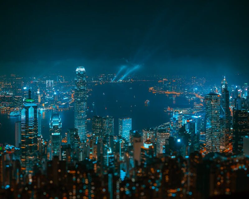 City Architecture - Spectacular view of Hong Kong skyline at night,  #19233481