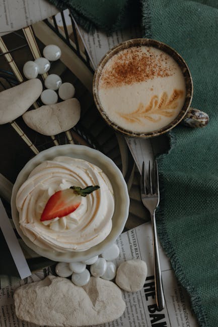 Food Aesthetics - A top view of a cappuccino and strawberry-topped #20097269