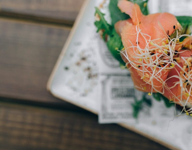 Food Aesthetics - Close-up of fresh salmon sashimi garnished with  #4815267