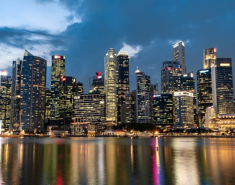 City Architecture - Night view of the vibrant Singapore skyline refl #5956580